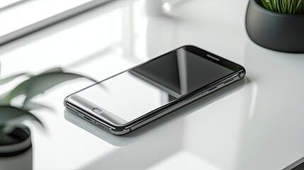 A smartphone resting on a sleek surface with plants in the background.