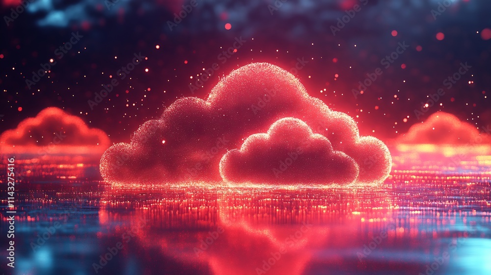 Poster dreamy digital cloudscape with vibrant red glowing effects in a mystical landscape : generative ai