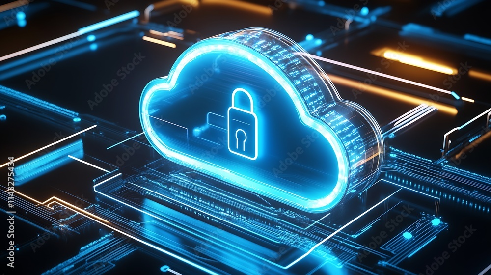 Poster Secure Cloud Computing Concept with Digital Padlock on Futuristic Circuit Board : Generative AI