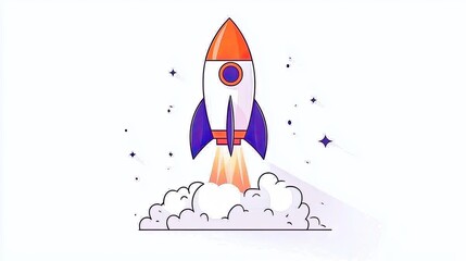 A colorful rocket launching into space, surrounded by clouds and stars.