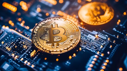 Detailed Bitcoin Coin on Electronic Circuit Symbolizing Cryptocurrency Economy : Generative AI