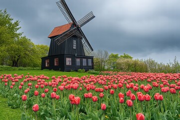 Black Windmill Surrounded by Vibrant Red Tulips Under Cloudy Sky
