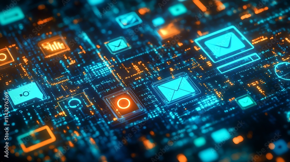 Aufkleber Digital Circuit Board with Brightly Lit Icons Depicting Digital Communication and Email Concepts : Generative AI