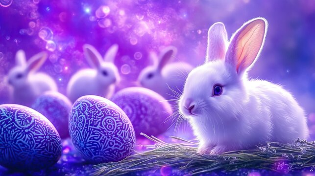 Adorable white rabbits among intricately patterned easter eggs on sparkling purple background - happy easter concept