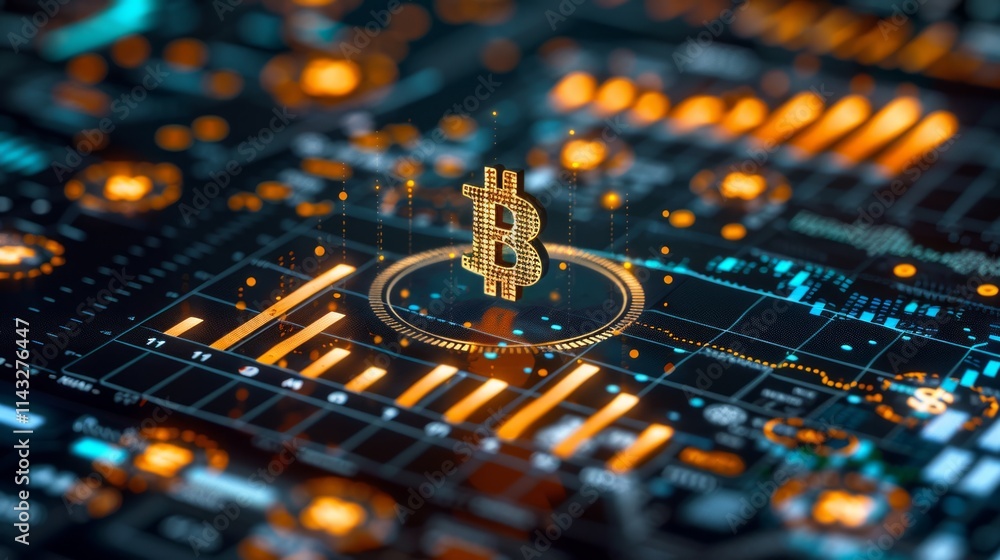 Poster bitcoin cryptocurrency symbol on futuristic circuit board with data visualization.
