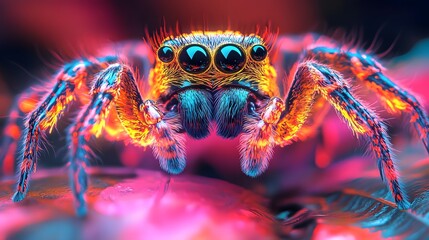 Cybernetic jumping spider, Sci-fi, neon hues, 3D rendering, Advanced technology