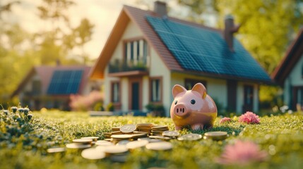 Piggy Bank on Lawn with Coins Near Eco-Friendly Houses
