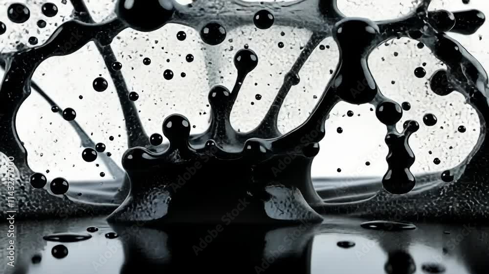 Poster black liquid splash creating dynamic shapes against a light background in an artistic display of mot