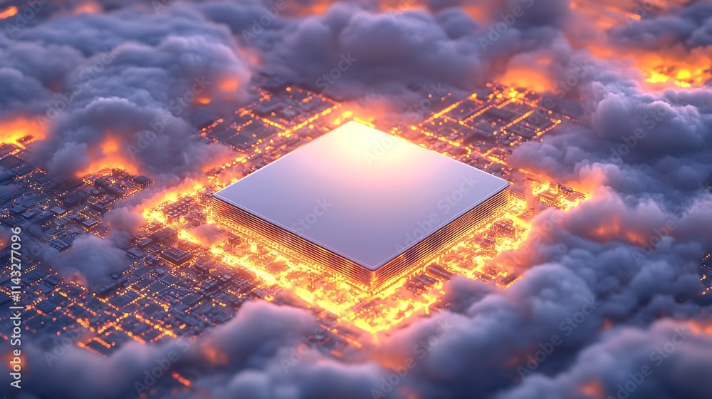 Leinwandbilder futuristic glowing microchip with energy circuit and cloud background : generative ai