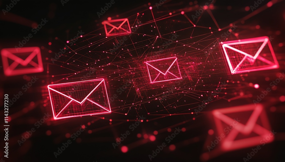 Poster digital email communication concept with glowing red envelopes on network background : generative ai