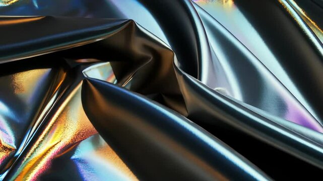 Shiny fabric with iridescent effect showcases smooth waves and reflections in artistic arrangement