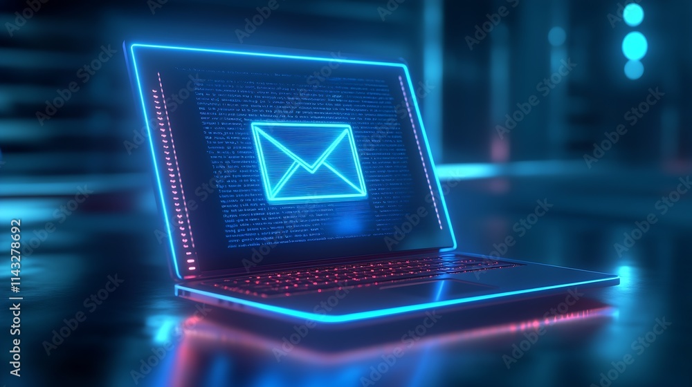 Poster glowing email symbol on led laptop screen in sleek technological setting : generative ai