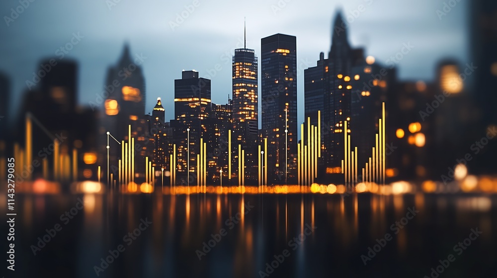 Poster abstract city skyline with glowing light bars and reflections in water at dusk : generative ai