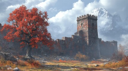 Fototapeta premium Majestic Autumn Landscape with Ancient Stone Castle and Tree