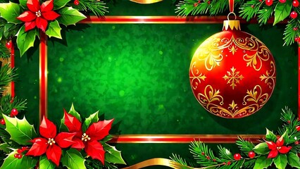 Green Christmas background with fir branches, poinsettia and golden bauble