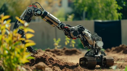 High-tech robotic arm with caterpillar tracks operating in a field, enhancing agricultural automation and improving farm productivity. AI generated.