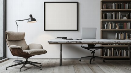 Modern Minimalist Office Space with Cozy Armchair and Bookshelves