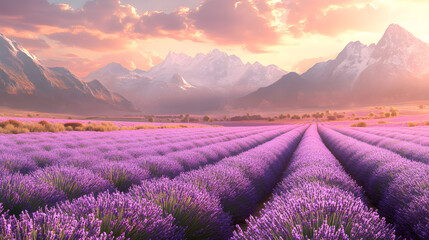 Naklejka premium A sweeping view of lavender fields with majestic mountains in the background