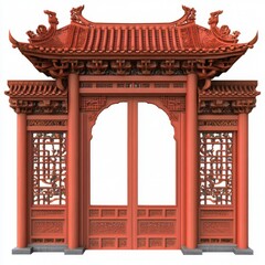 Chinese gate with intricate design isolated on white background