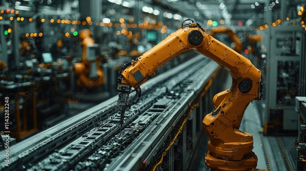 Poster industrial robotics: automated assembly line in modern factory