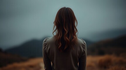 Fototapeta premium Back view of a woman standing in solitude, gazing at mist-covered mountains under a moody, overcast sky in a serene landscape. 