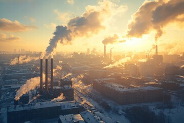 Aerial View of Industrial Cityscape During Sunrise with Smoke