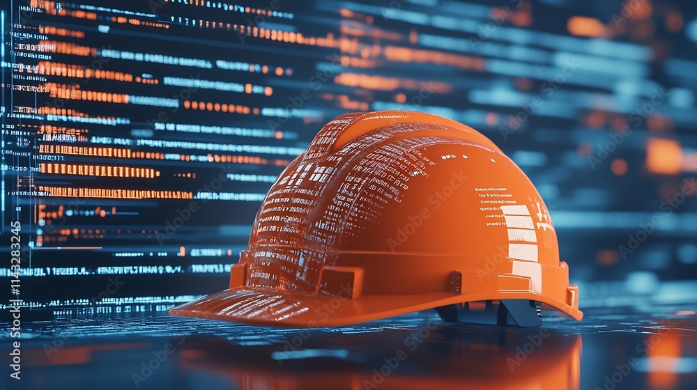 Aufkleber orange construction helmet with digital codes on blue background representing technology and safety 