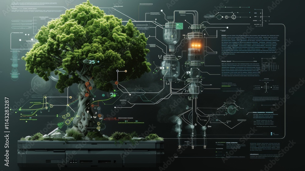 Poster high-tech integration with a large tree, showcasing biotechnology's advancement in supporting natura