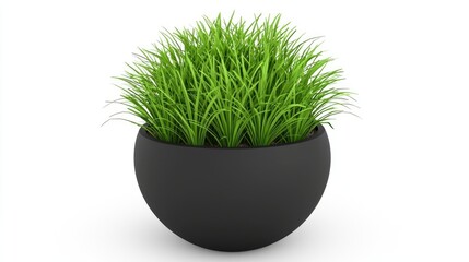 A round black pot filled with vibrant green grass, suitable for indoor decor.