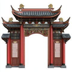Fototapeta premium Chinese gate with intricate design isolated on white background