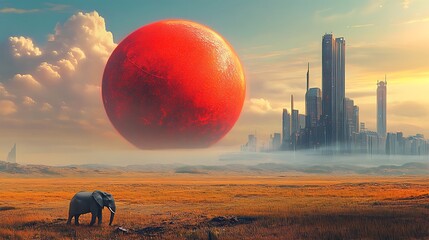 Elephant Lone Figure Distant Futuristic Cityscape Red Planet