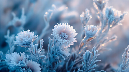 Fototapeta premium Close-up of flowers covered in frost or ice crystals in a cold, winter landscape