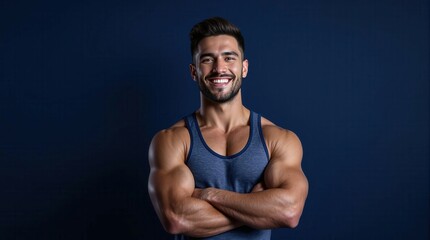 Fototapeta premium A fit man showcasing his physique, ideal for fitness and health-related content, emphasizing strength and dedication.