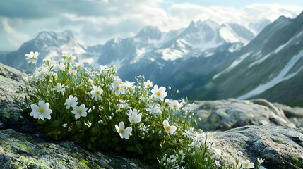 Delicate alpine flowers growing on a rocky mountainside, with snow-capped peaks in the distance