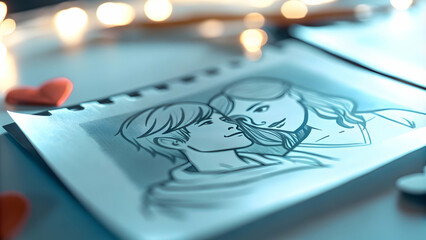 Obraz premium valentine first date ideas placed sticky notes delicate sketches small hearts subtle hints concept as Potential lovers exchange shy glances follow notes discover hidden corners blossoms of hope grow i