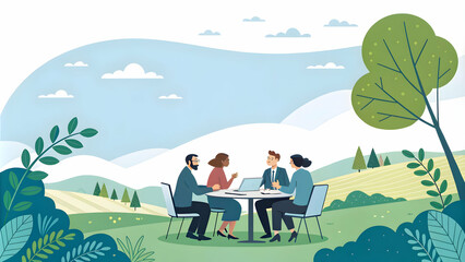 Naklejka premium Business Professionals Brainstorming Under Clear Sky in Scenic Landscape Symbolizing Creativity with Ample Copy Space on Left