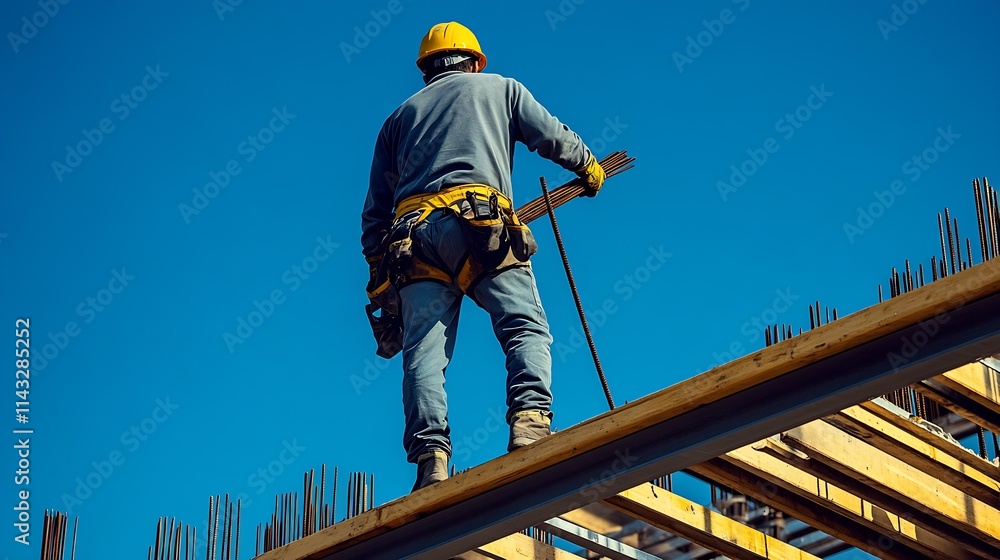 Poster construction laborer working on elevated steel structure : generative ai