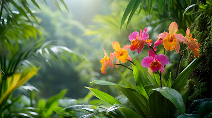 Fototapeta premium Vibrant orchids blooming in the midst of a lush, green rainforest