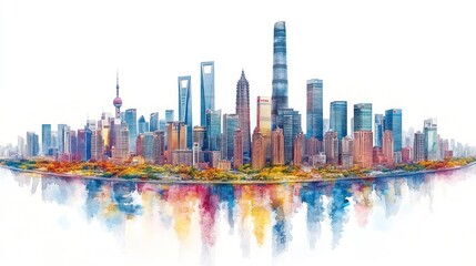 Watercolor Shanghai skyline with reflections.