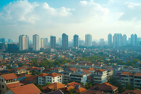 A panoramic view of a cityscape featuring a mix of modern skyscrapers and residential areas.