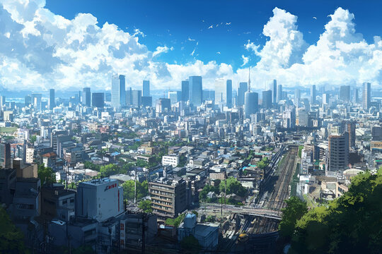 A panoramic cityscape showcasing urban buildings, roads, and a bright sky with clouds.