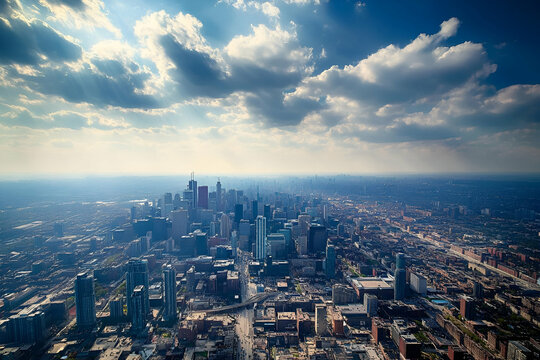 Aerial view of a sprawling cityscape under a dramatic sky with clouds.