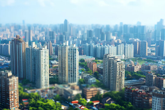 A blurred view of a bustling city skyline with skyscrapers and urban landscape.