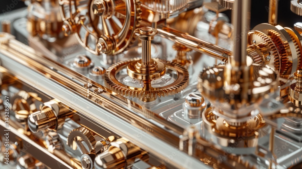 Poster close-up of intricate gold gears and mechanisms in a transparent casing.