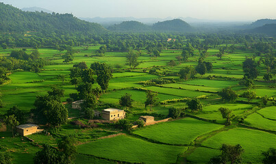 Lush green landscape with fields and distant hills, showcasing rural tranquility.