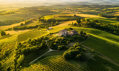 Aerial view of lush green vineyards and a rustic farmhouse in a serene landscape.