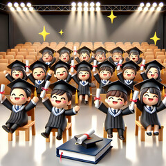 Obraz premium 3D Graduates Cheering with Diplomas in Glossy Auditorium - Excitement and Achievement with Copy Space on Left