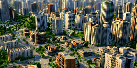 Naklejka premium A vibrant cityscape showcasing modern buildings and greenery in an urban environment.