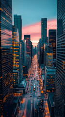 Obraz premium A vibrant cityscape at dusk, showcasing urban architecture and bustling traffic.
