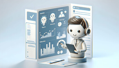 Obraz premium 3D Customer Service Agent Analyzing AI Sentiment Reports for Enhanced Customer Interaction Strategies